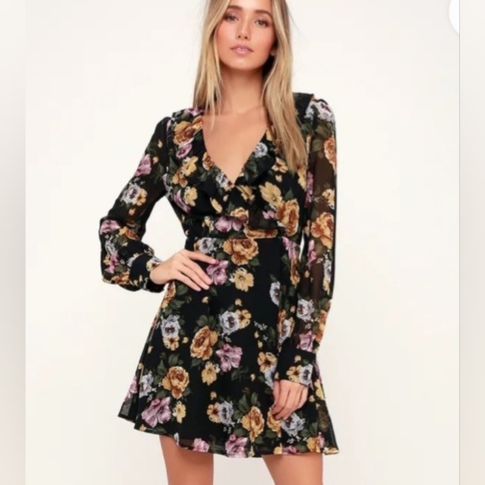 Lulu's Black Floral‎ Ruffle Wrap Long Sleeve Dress